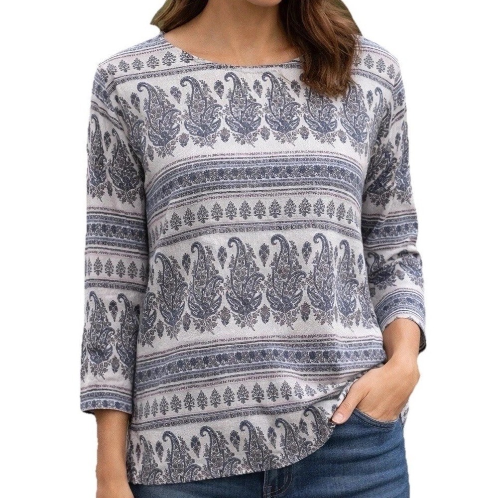 Pure Jill J Jill Hemp Cotton Paisley Print 3/4 Sleeve Tunic Top Blue Grey XS